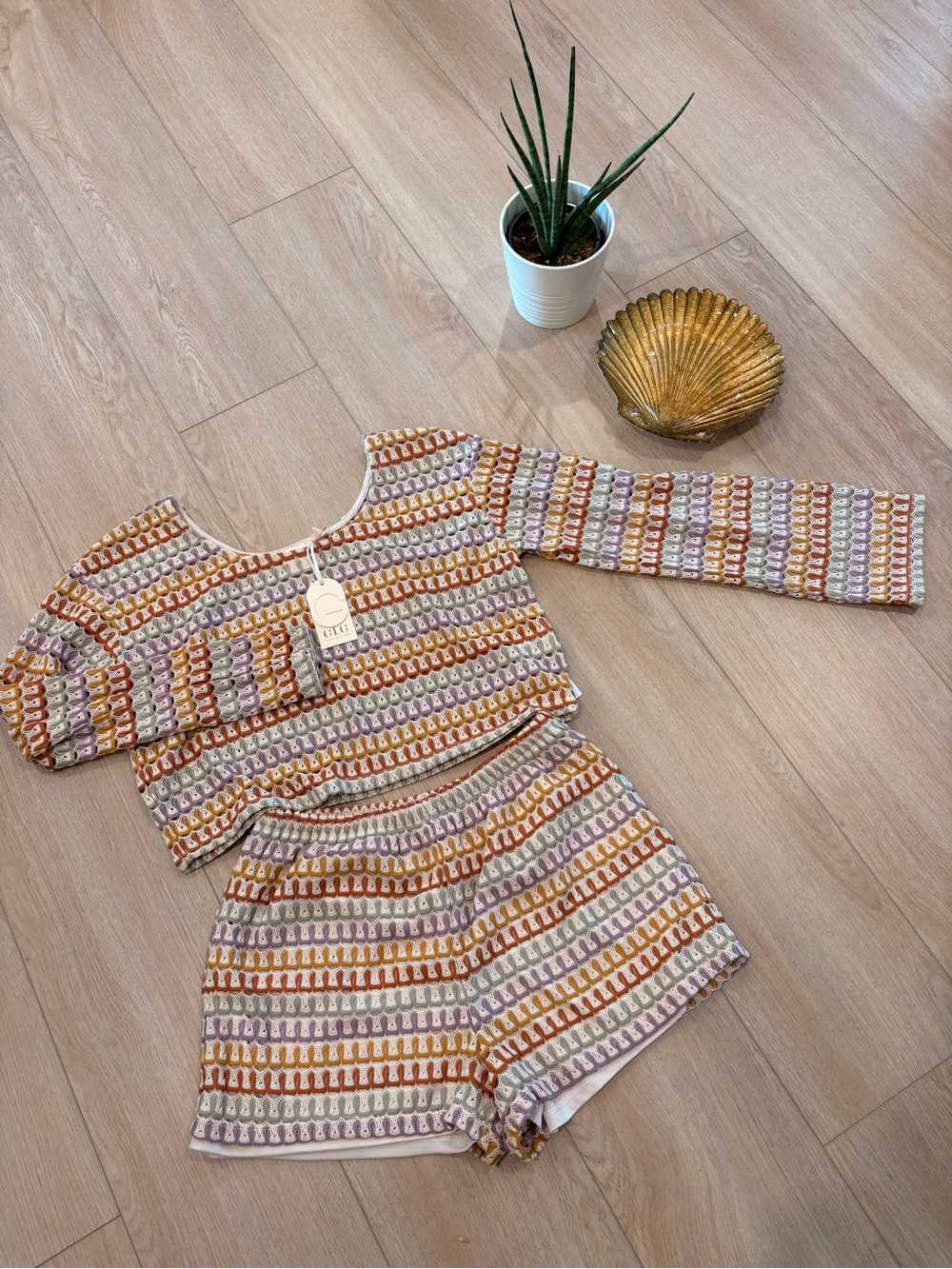 Good Luck Gem Multicolor Knit Swim Coverup Set - Cream, Tan, Rust, Lilac